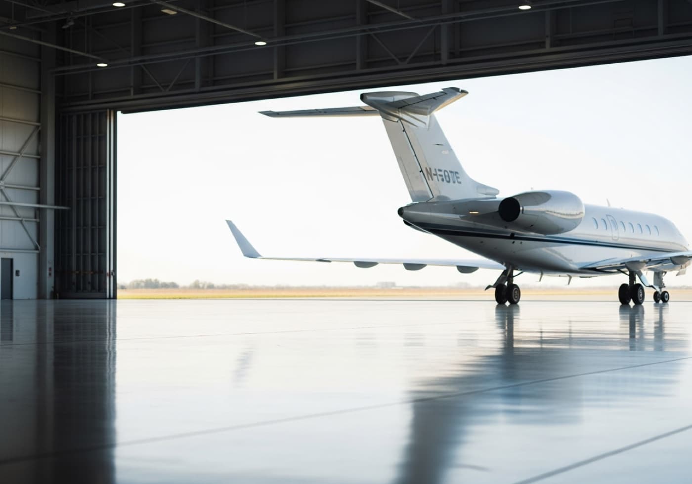 A business jet inside a private aviation hangar